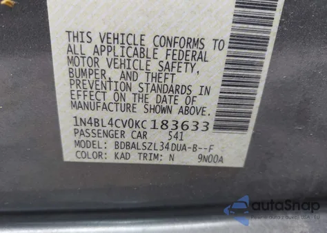 2019 Nissan Altima 2.5 Sr z USA, uszkodzony, nr VIN 1N4BL4CV0KC183633